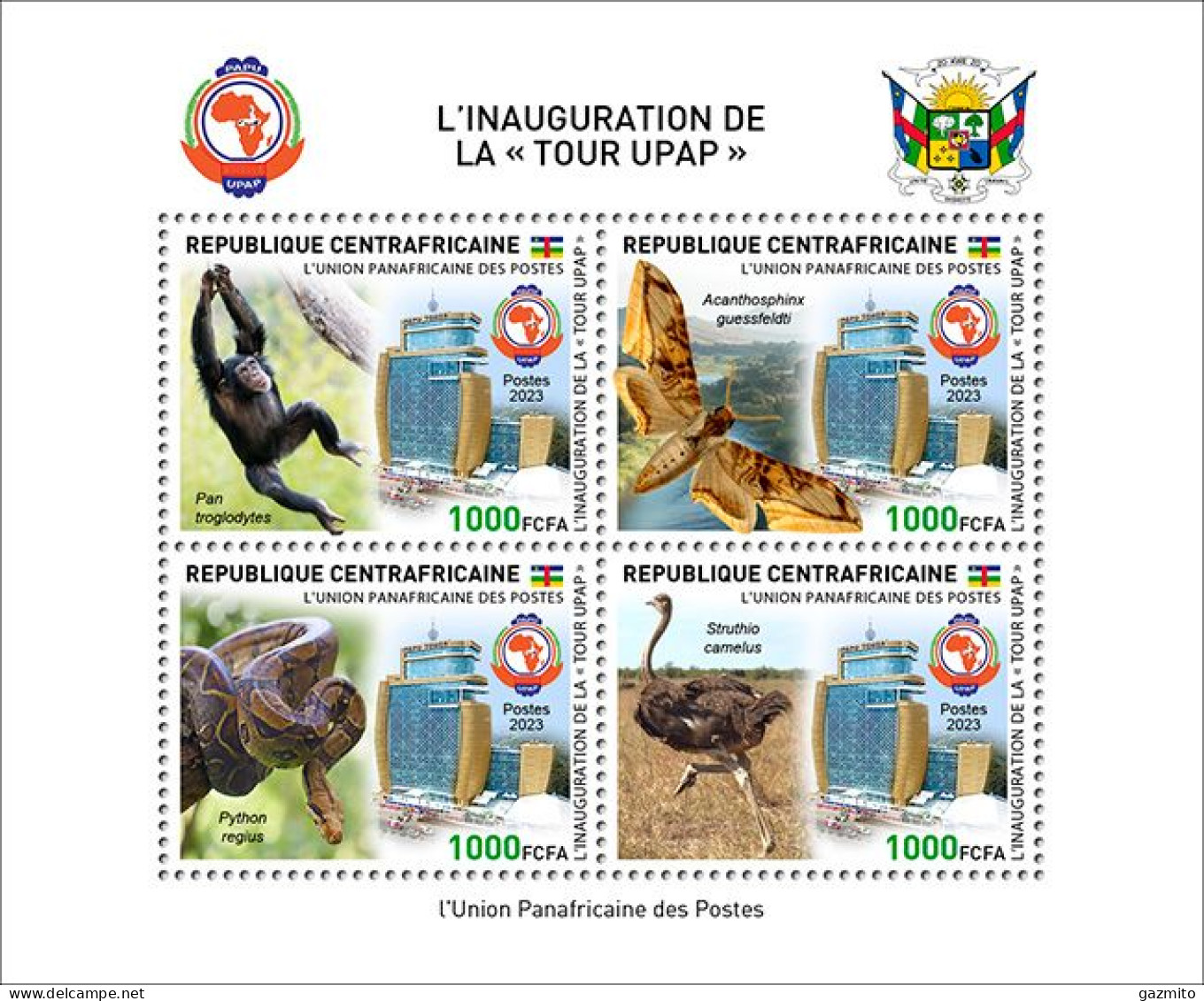 Centrafricana 2023, PAPU, Monkey, Moths, Snake, Stork, 4val In Block - UPU (Wereldpostunie)