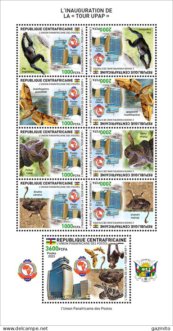 Centrafricana 2023, PAPU, Monkey, Moths, Snake, Stork, 9val In Block - UPU (Union Postale Universelle)