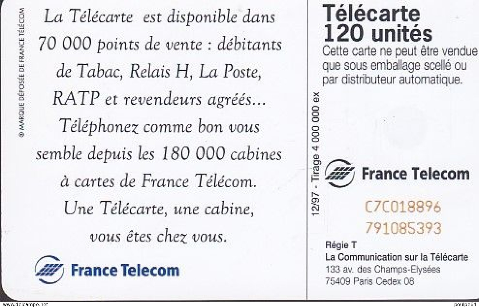 F814  12/1997 - GUITARE - F.T. - 120 SC7 - (verso : N° Rouges Deux Lignes Centrées) - 1997