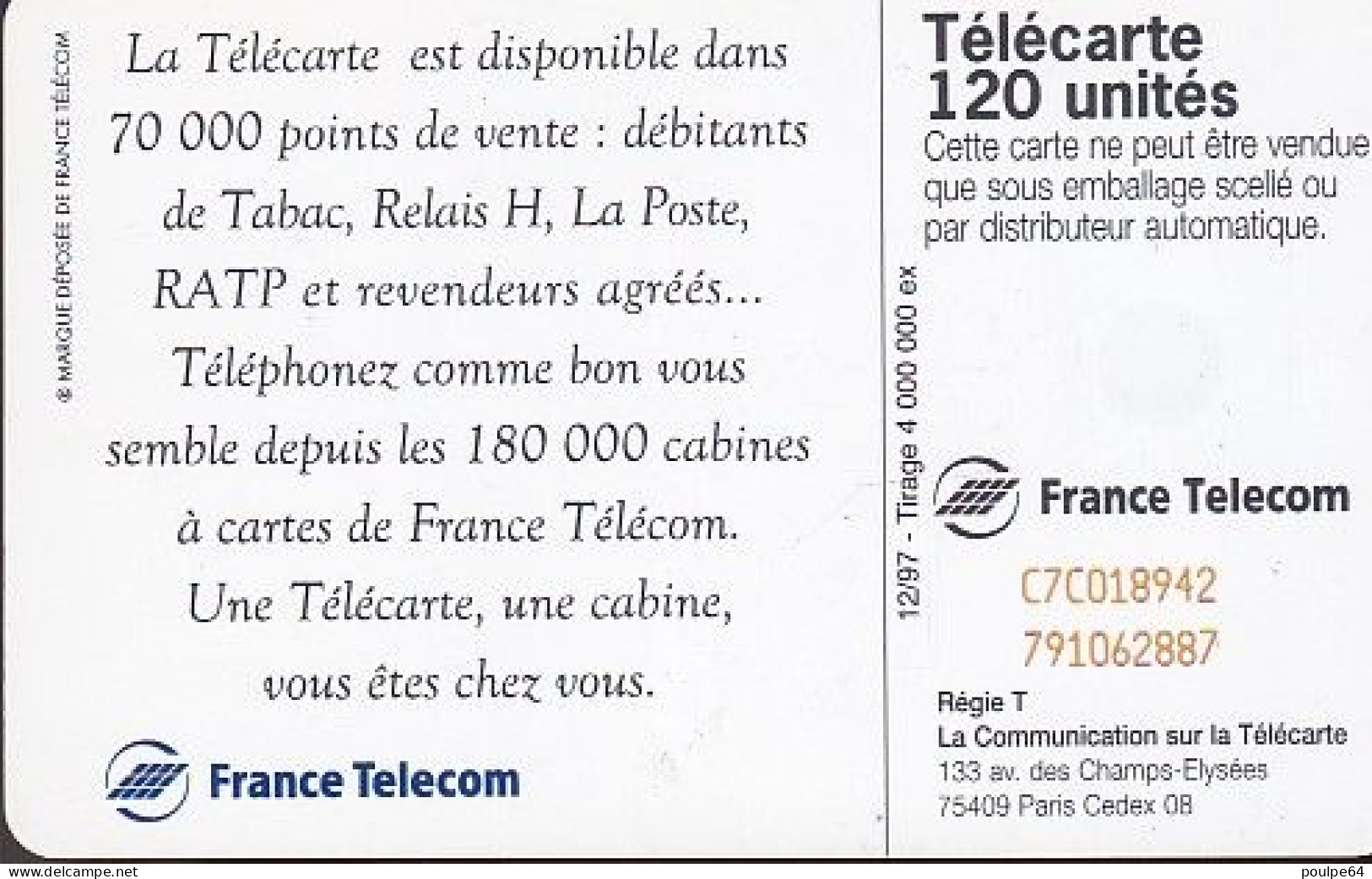 F814  12/1997 - GUITARE - F.T. - 120 SC7 - (verso : N° Rouges Deux Lignes Vers La Gauche) - 1997