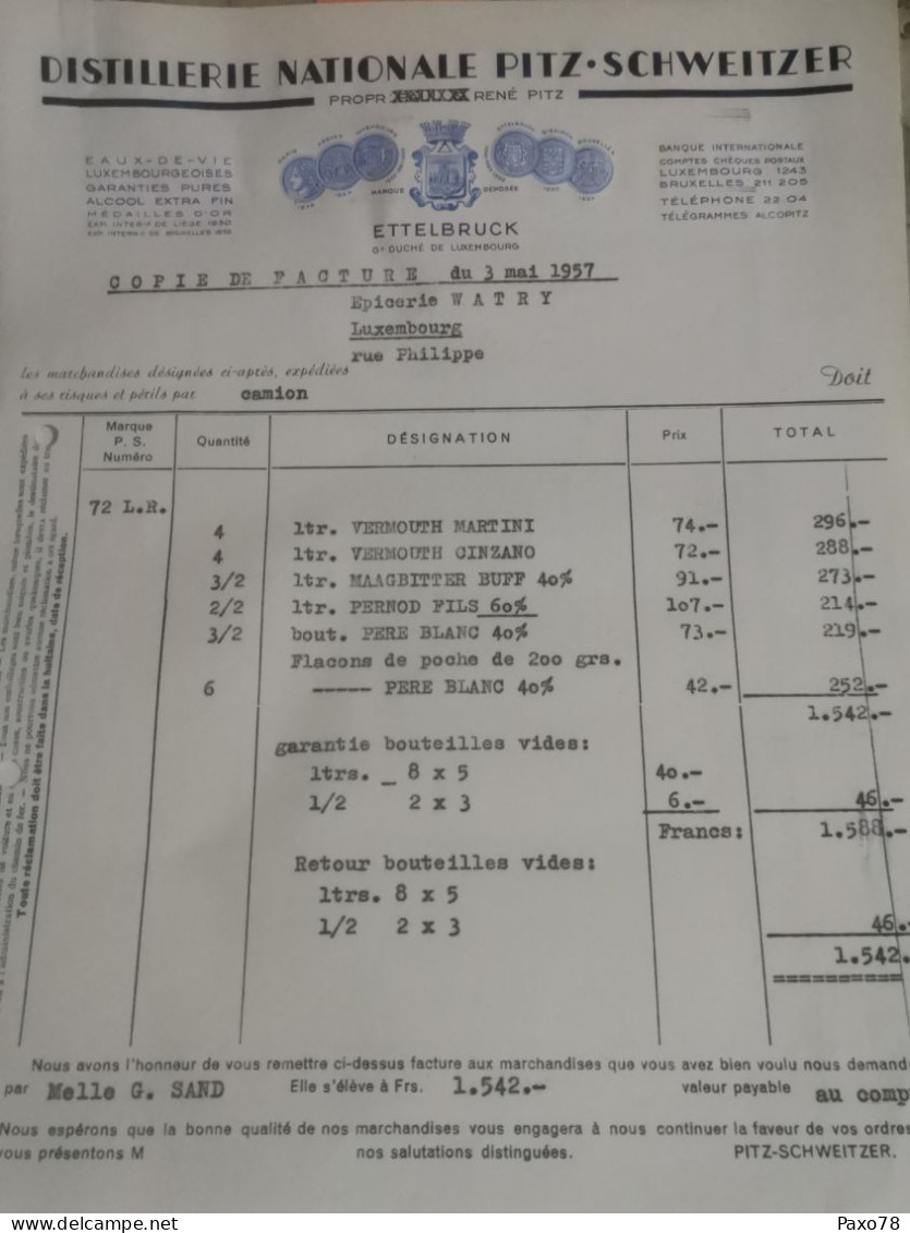 Luxembourg Facture, Distillerie Nationale Pitz-Schweitzer, Ettelbruck 1957 - Lussemburgo