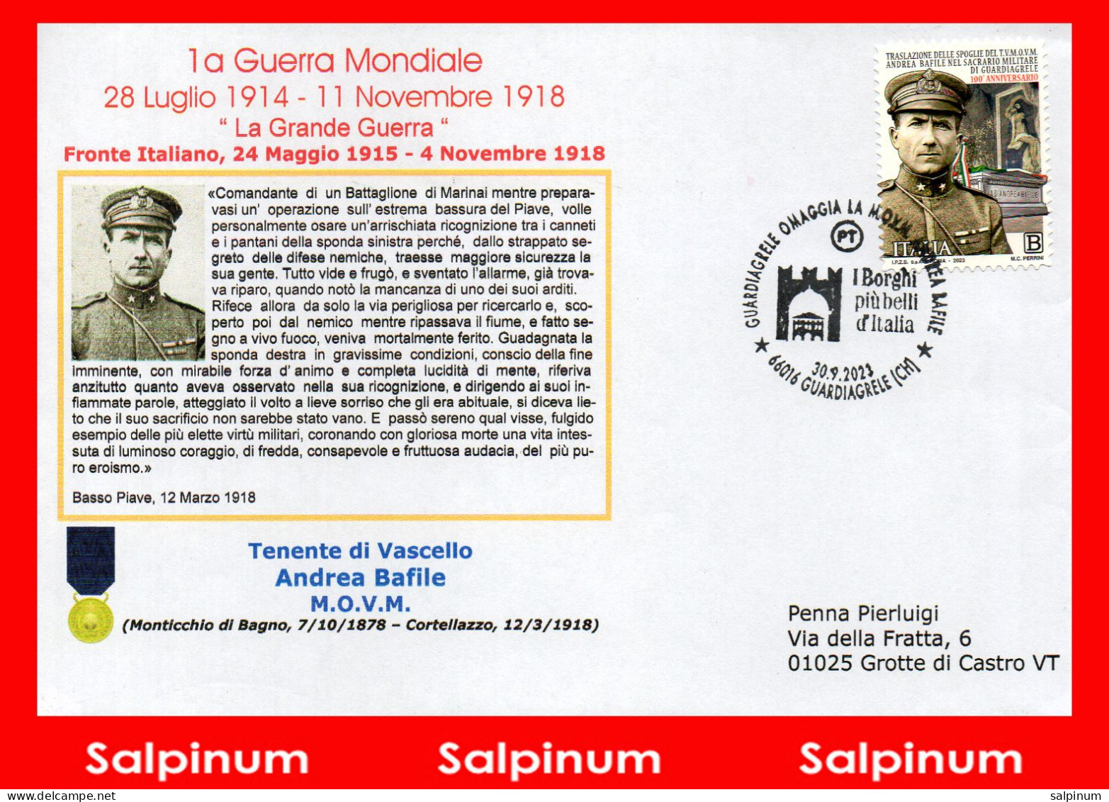 ANNULLO GRANDE GUERRA BAFILE ANDREA M.O.V.M. - GUARDIAGRELE - 2021-...: Marcofilie