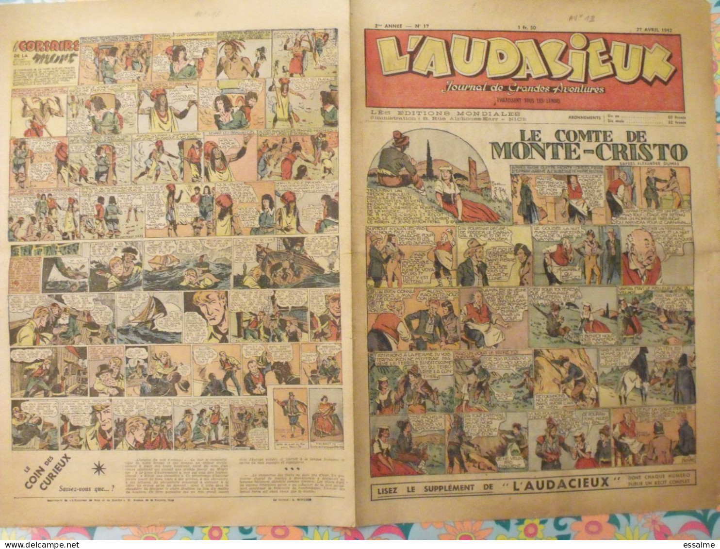 5 Numéros De L'Audacieux De 1942. Le Comte De Monte-Cristo, Le Roi Du Far-west, Christophe Colomb. A Redécouvrir - Autres & Non Classés