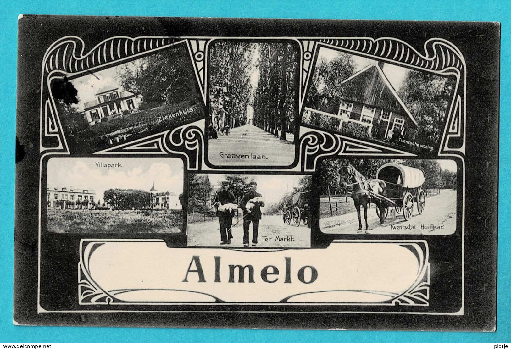 * Almelo (Overijssel - Nederland) * (Uitg Th. H. Van Dyk, Nr 9930) Groeten Uit, Cheval, Huifkar, Villapark, Ter Markt - Almelo