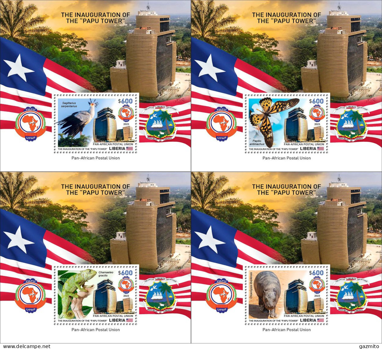 Liberia 2023, PAPU, Iguana, Butterfly, Tapir, Bird, 4Block - UPU (Union Postale Universelle)