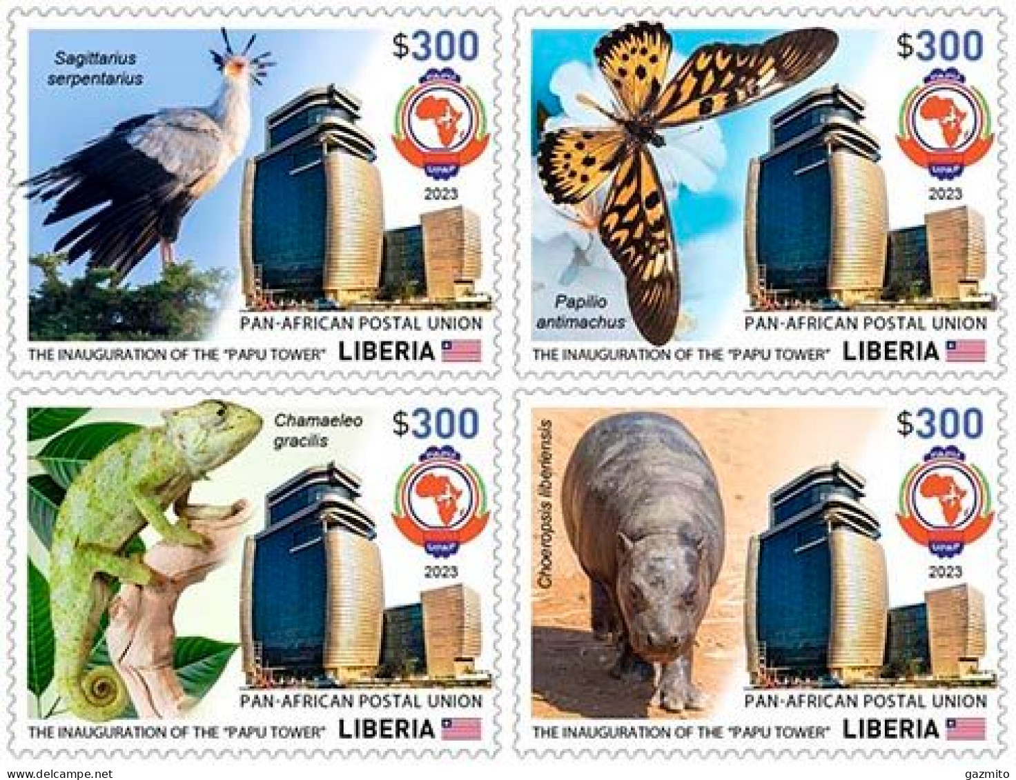 Liberia 2023, PAPU, Iguana, Butterfly, Tapir, Bird, Join Issue, 4val - UPU (Wereldpostunie)
