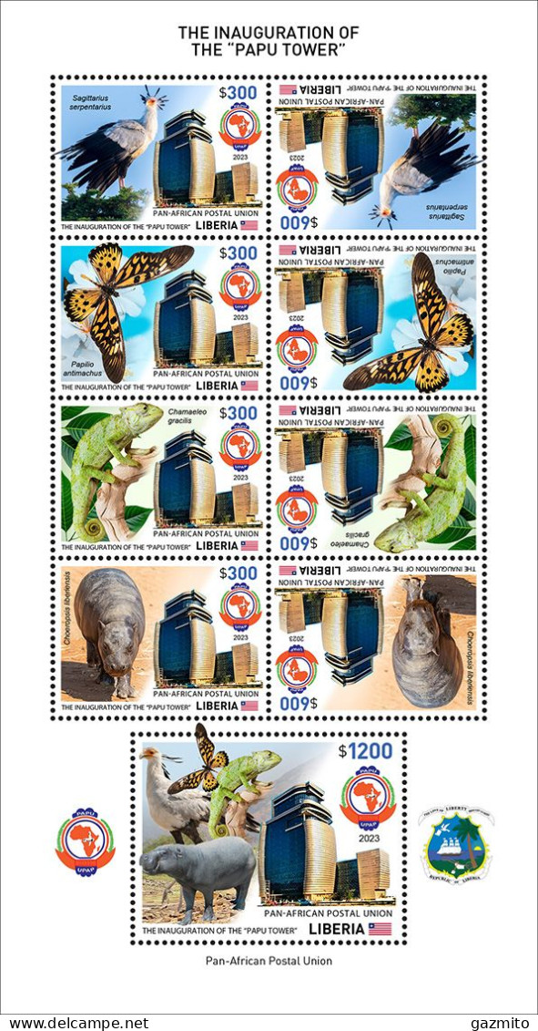 Liberia 2023, PAPU, Iguana, Butterfly, Tapir, Bird, Join Issue, 9val In Block - Poste