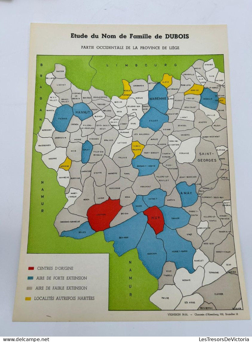 Vieux Papier - Généalogie - Etude Du Nom De La Famille DUBOIS - Belgique - Carte Geographique - 35x24 Cm - Documenti Storici