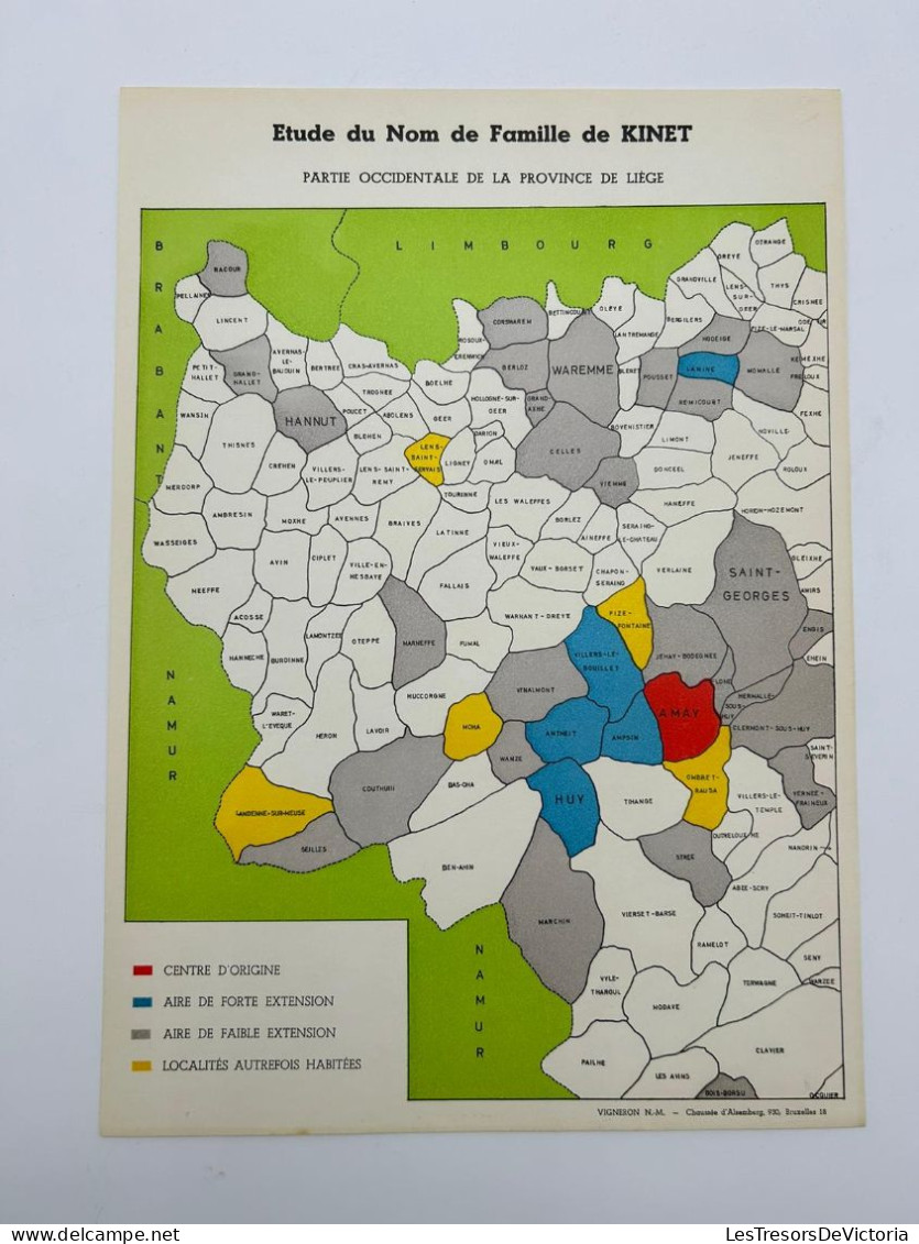 Vieux Papier - Généalogie - Etude Du Nom De La Famille KINET - Belgique - Carte Geographique - 35x24 Cm - Documentos Históricos