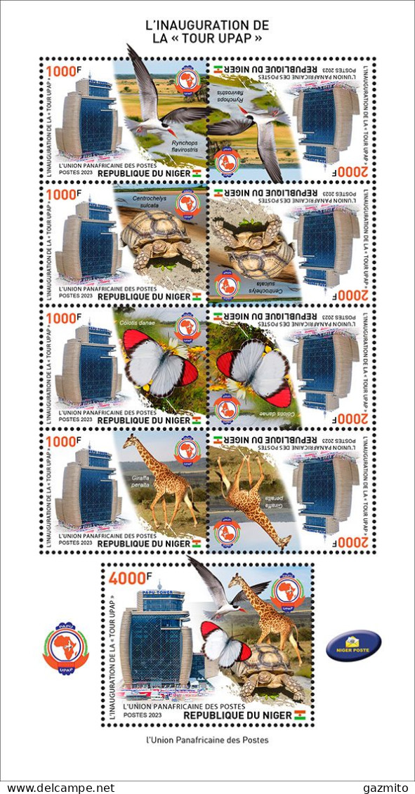 Niger 2023, PAPU, Giraffe, Butterfly, Turtle, Bird, Join Issue, 9val In Block - Poste