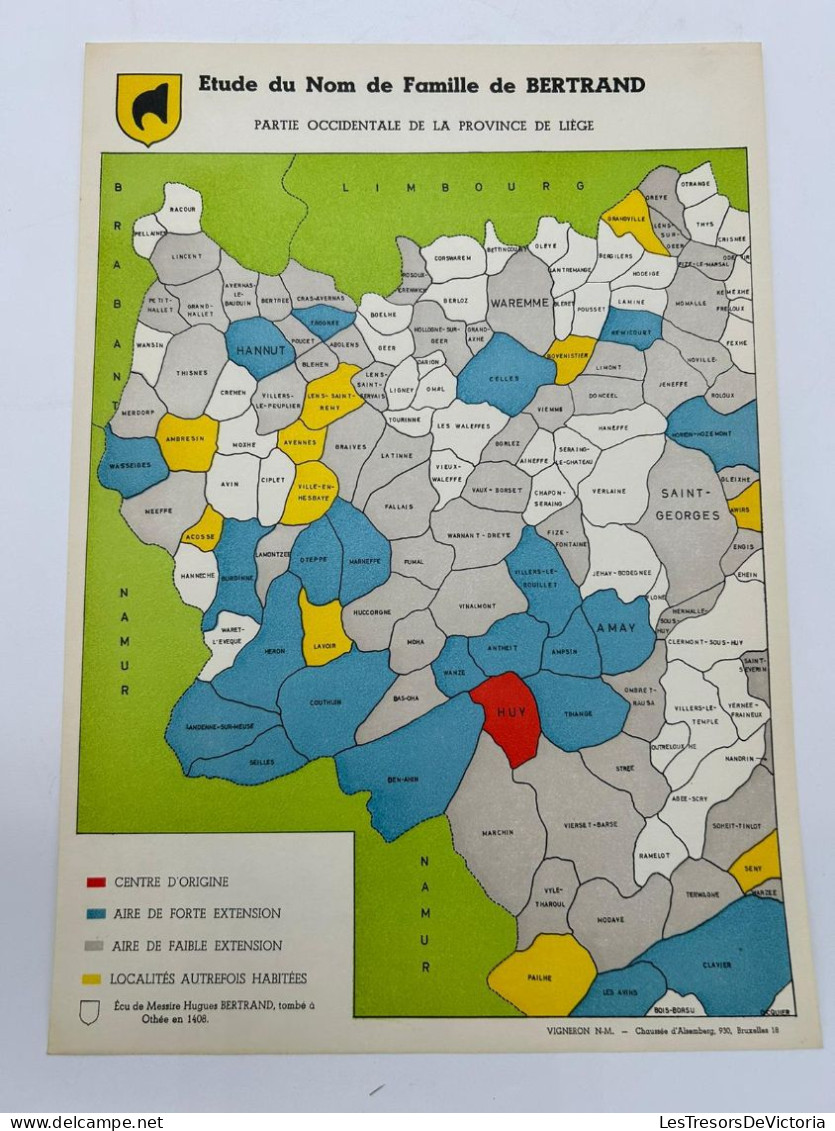 Vieux Papier - Généalogie - Etude Du Nom De La Famille BERTRAND - Belgique - Carte Geographique - 35x24 Cm - Historical Documents