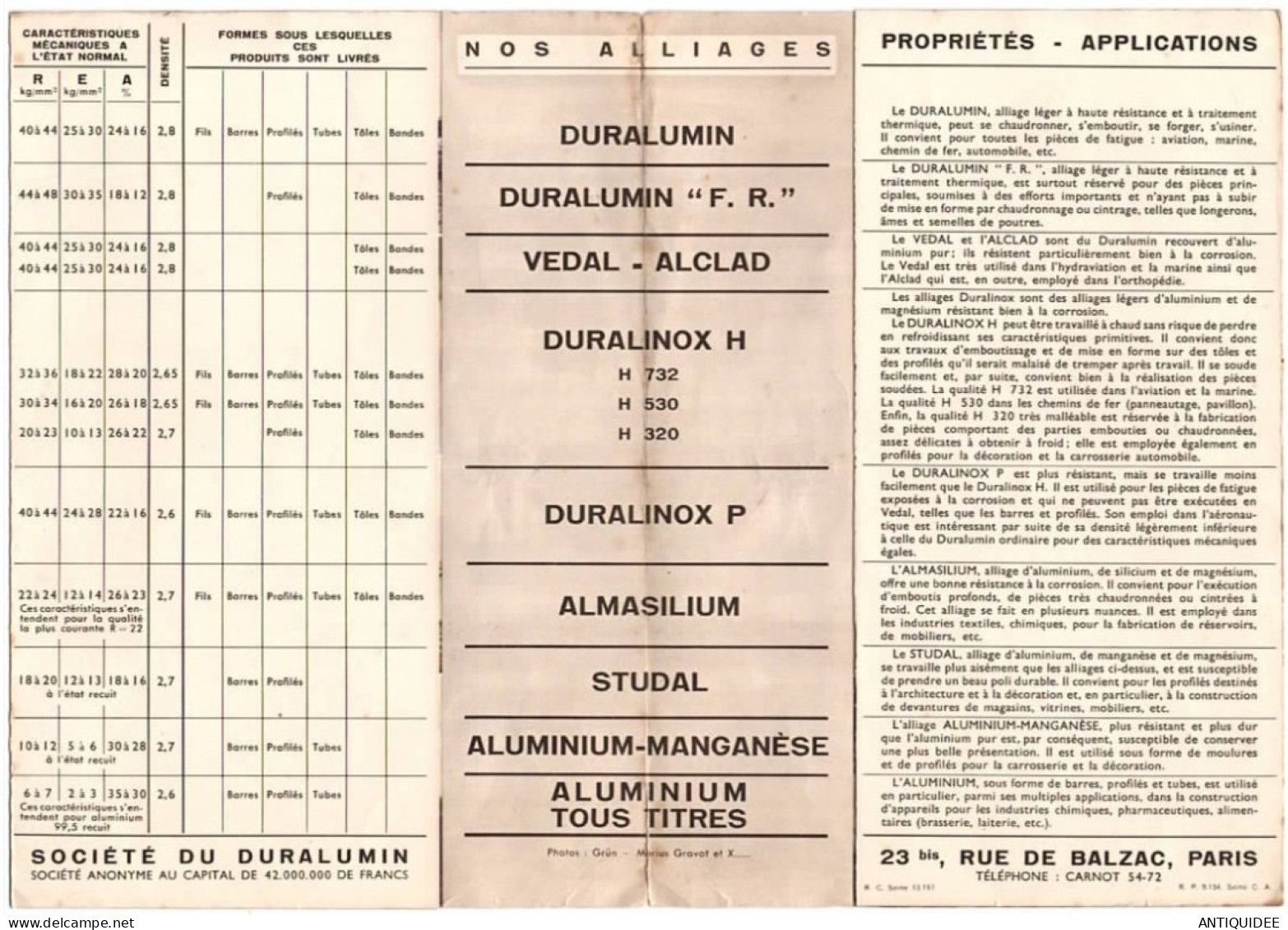 ALUMINIUM - DURALUMIN - PUBLICITÈ - Société Du DURALUMIN - Documentation Et Utilisation - - Altri & Non Classificati