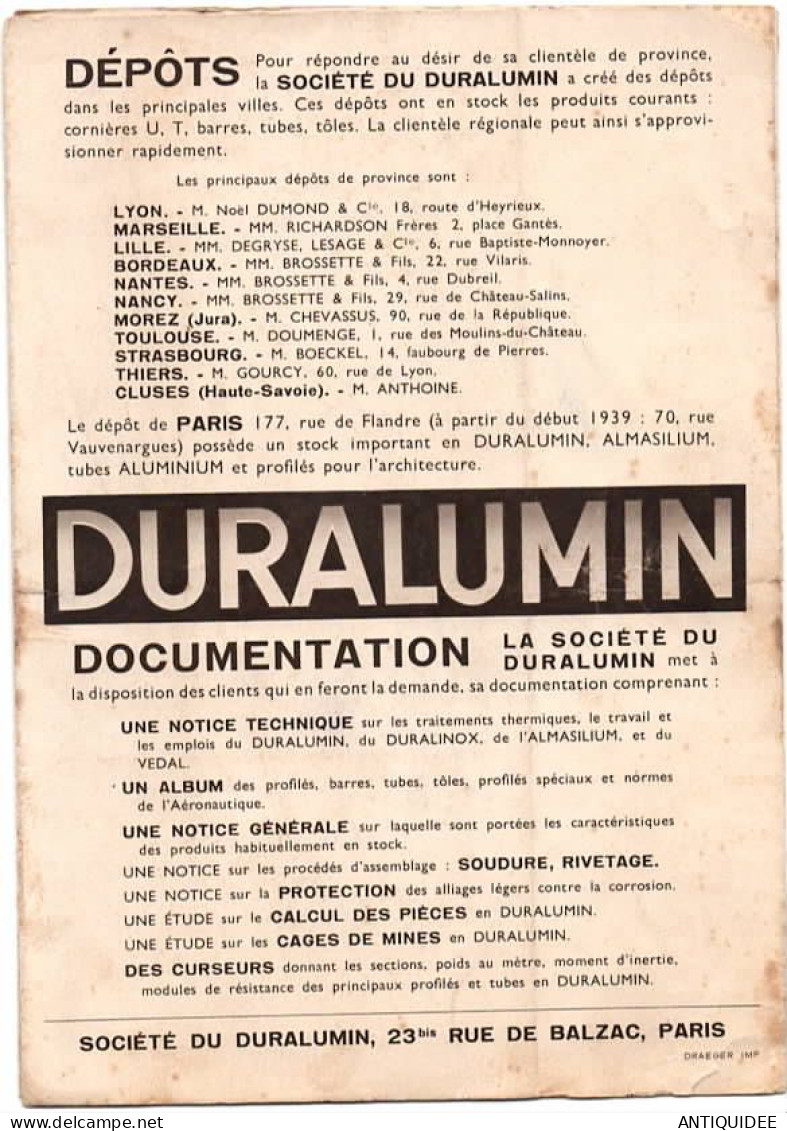 ALUMINIUM - DURALUMIN - PUBLICITÈ - Société du DURALUMIN - Documentation et utilisation -