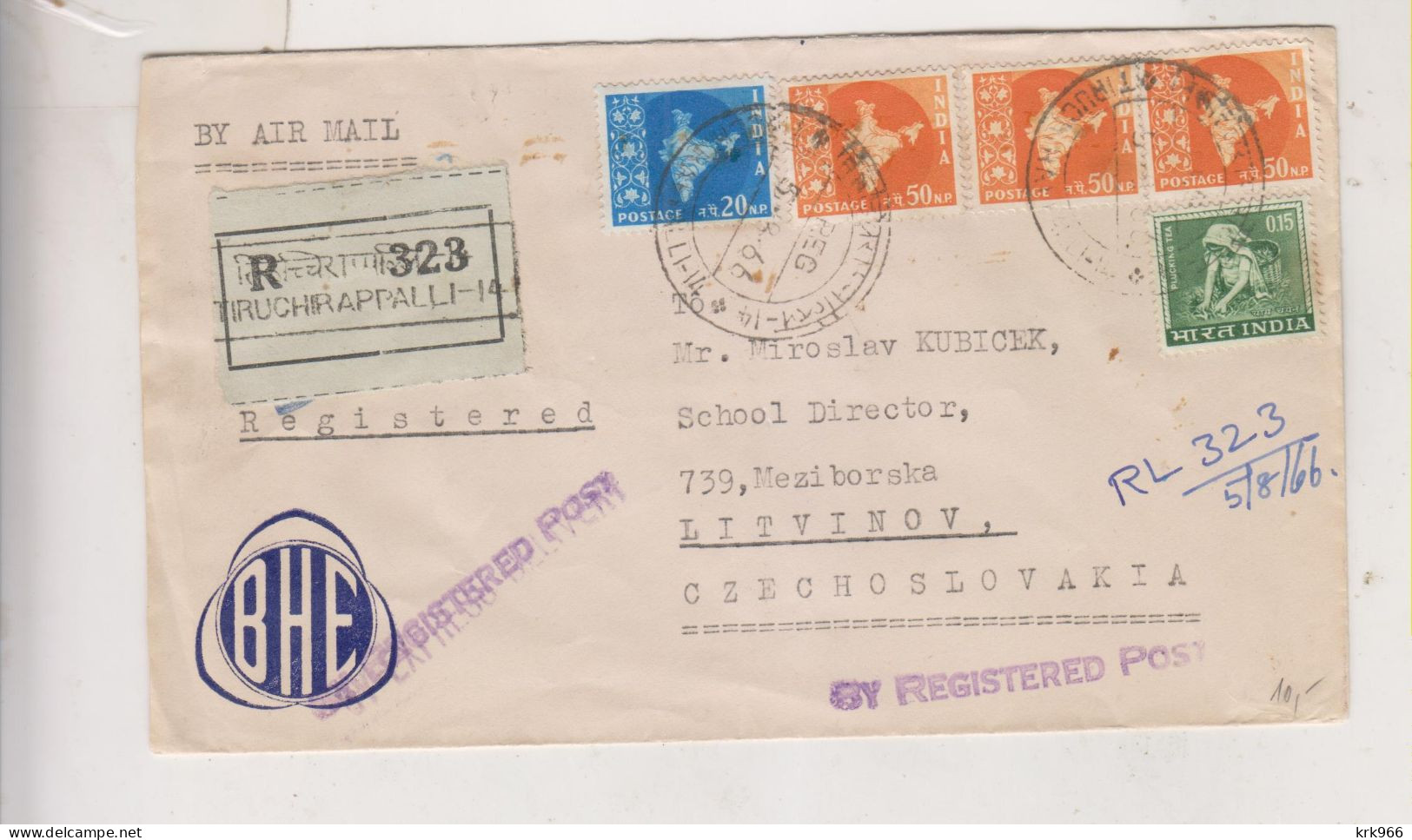 INDIA, 1966 TIRUCHIRAPPALLI Registered Airmail Cover To Czechoslovakia - Airmail