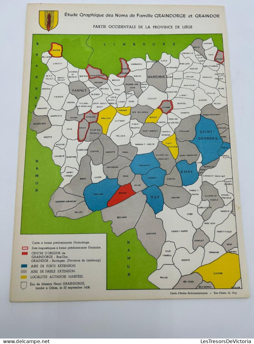 Vieux Papier - Généalogie - Etude Du Nom De La Famille GRAINDORGE GRAINDOR - Belgique - Carte Geographique - 35x24 Cm - Documenti Storici