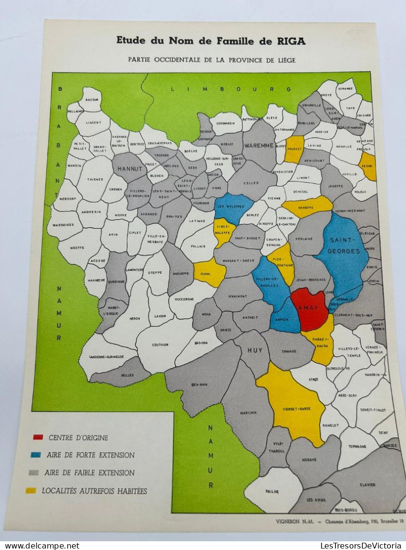 Vieux Papier - Généalogie - Etude Du Nom De La Famille RIGA - Belgique - Carte Geographique - 35x24 Cm - Documenti Storici