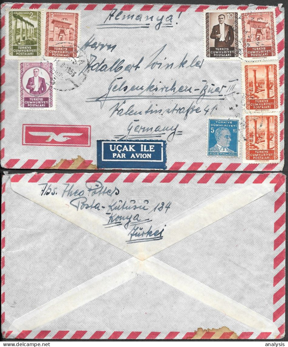 Turkey Konya Cover Mailed To Germany 1953. 40K Rate - Covers & Documents