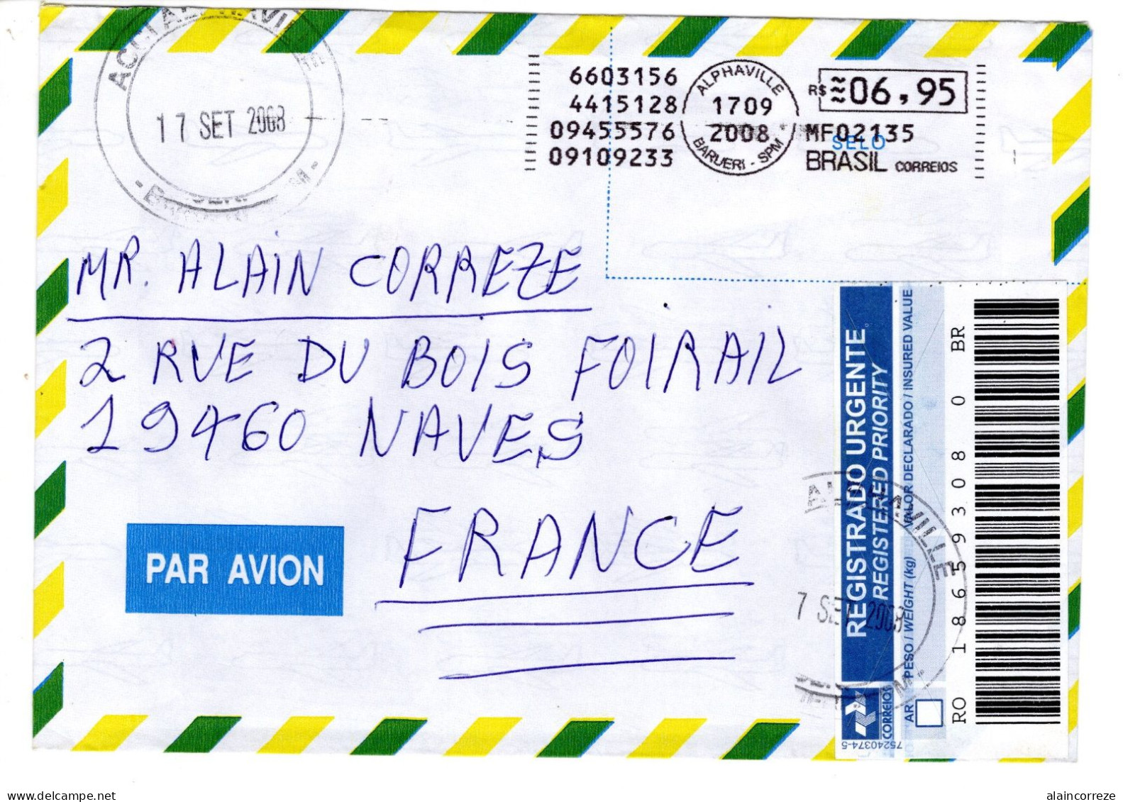 Brésil Vignette D'affranchissement De Guichet D'Alphaville De 2008 En Lettre Recommandée Pour La France - Franking Labels