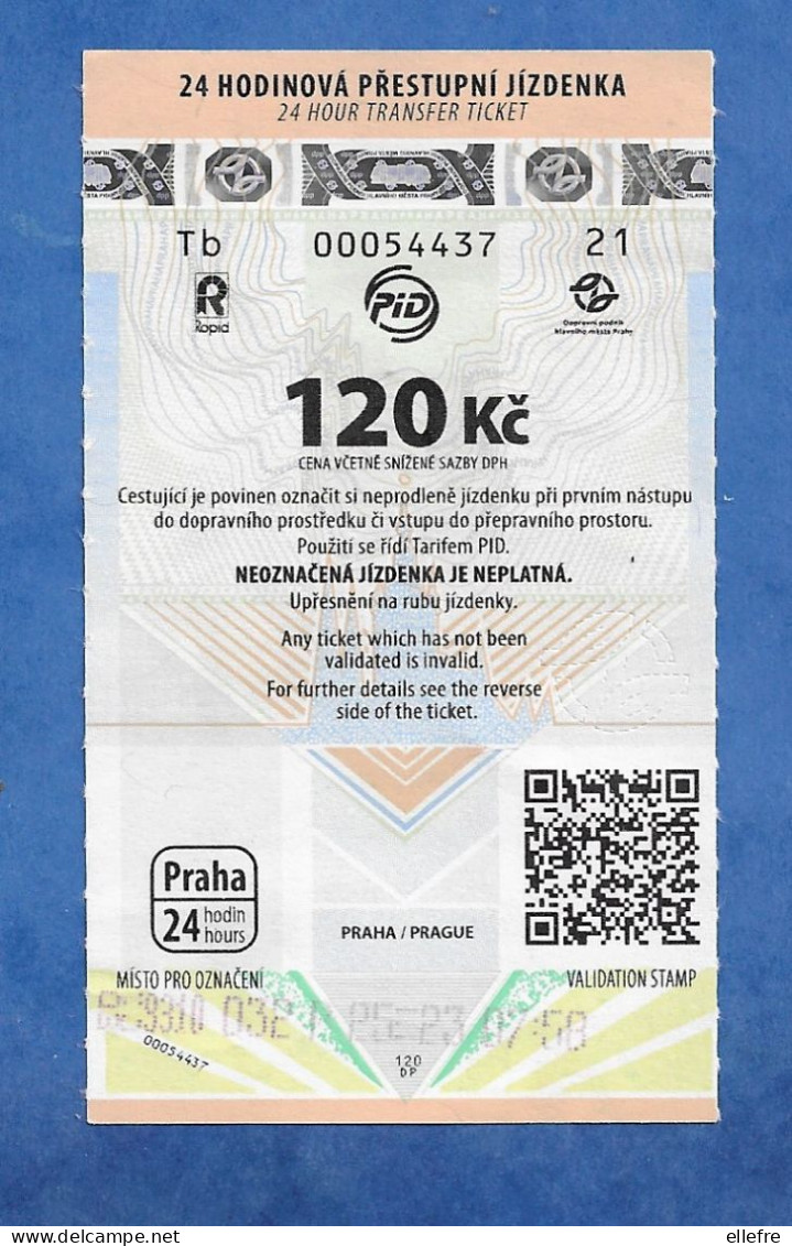 Titre De Transport Ville De Prague ( Praha ) Billet De Tramway Valable Pour Une Durée De 24 Heures - Europe