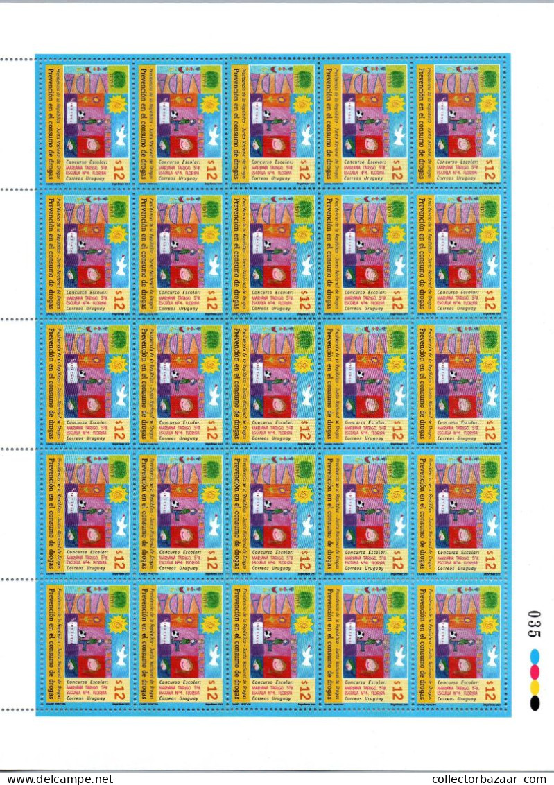URUGUAY ANTI DRUG CAMPAIGN SOCCER BIRD SUN CHILD PAINTING  Full Sheet Of 25 Stamps MNH - SCOTT CATALOGUE VALUE $225 - Drogue