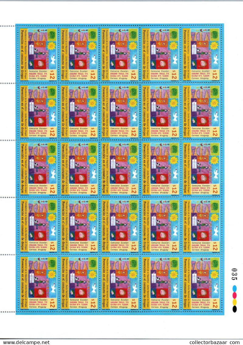 URUGUAY ANTI DRUG CAMPAIGN SOCCER BIRD SUN CHILD PAINTING  Full Sheet Of 25 Stamps MNH - SCOTT CATALOGUE VALUE $225 - Drogen