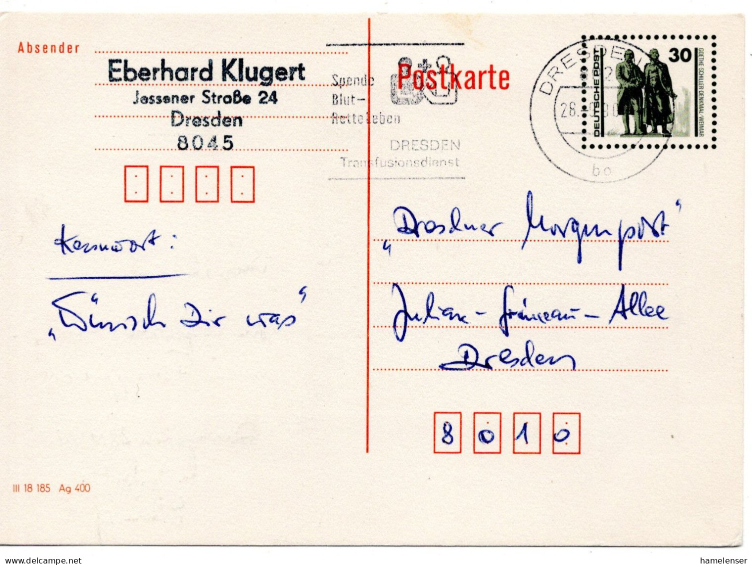 60688 - DDR - 1990 - 30Pfg DM OrtsGAKte DRESDEN - SPENDE BLUT RETTE LEBEN ... - Geneeskunde