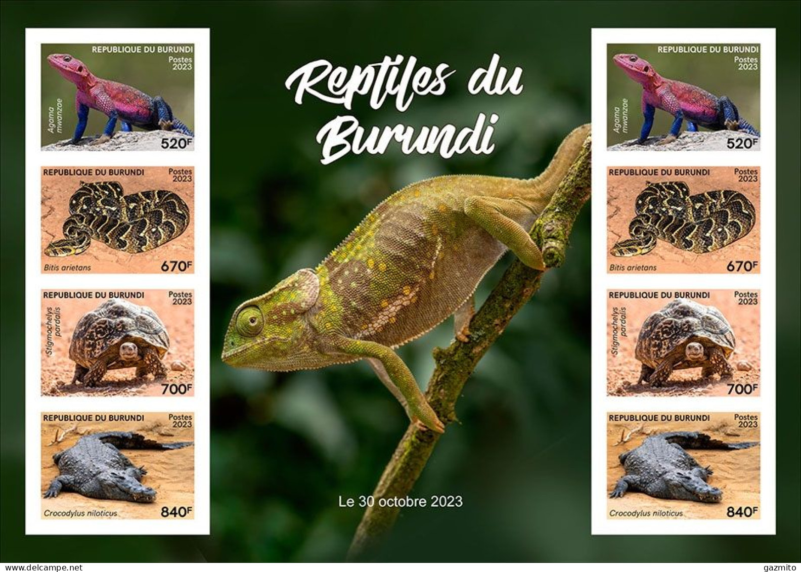 Burundi 2023, Anphibius, Turtrle, Snake, Crocodile, Sheetlet IMPERFORATED - Nuevos