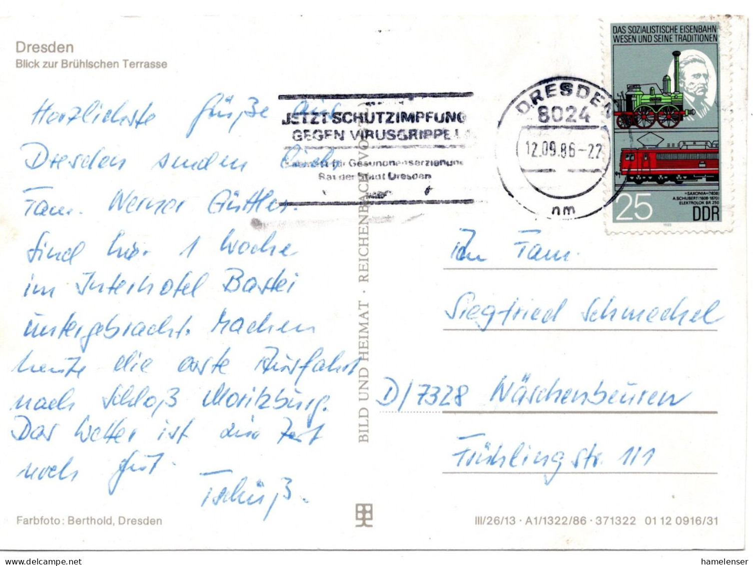 60692 - DDR - 1986 - 25Pfg Eisenbahn EF A AnsKte DRESDEN - ... SCHUTZIMPFUNG GEGEN VIRUSGRIPPE ... -> Westdeutschland - Medicine