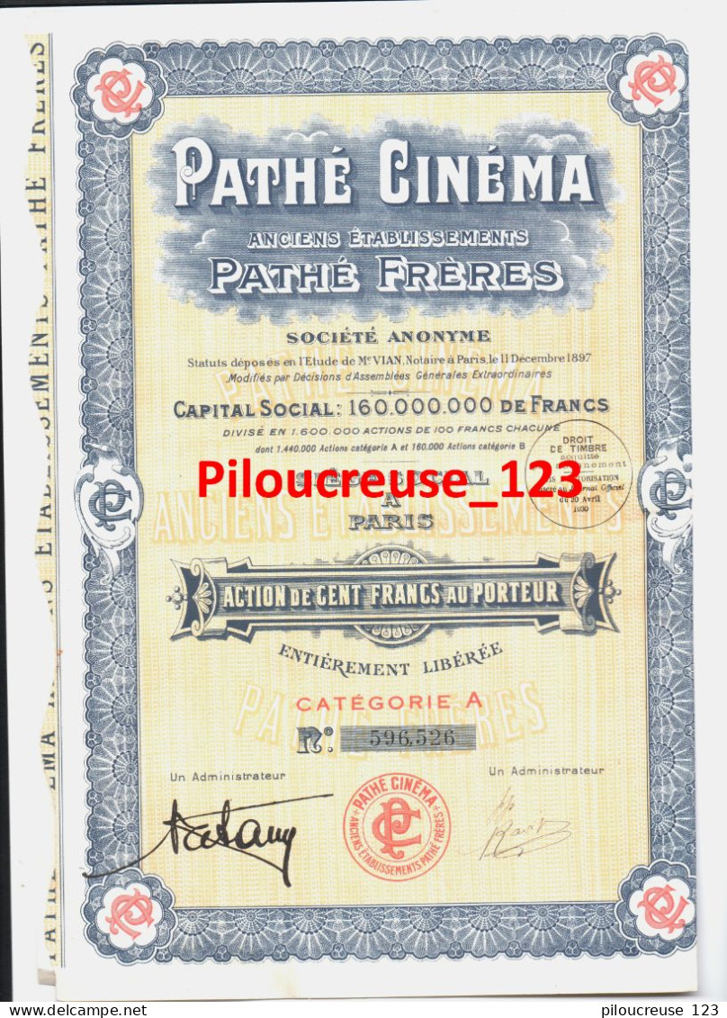 FRANCE - Action PATHE CINEMA (anc. Pathé Frères) - Avec Feuille De Coupons - 2 Scan - - A - C