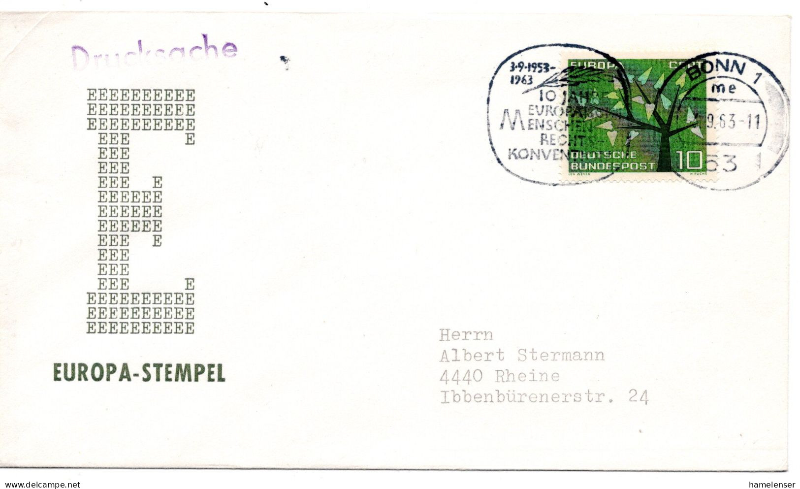 60698 - Bund - 1963 - 10Pfg CEPT '62 EF A DrucksBf BONN - 10 JAHRE ... MENSCHENRECHTSKONVENTION -> Rheine - Europese Instellingen