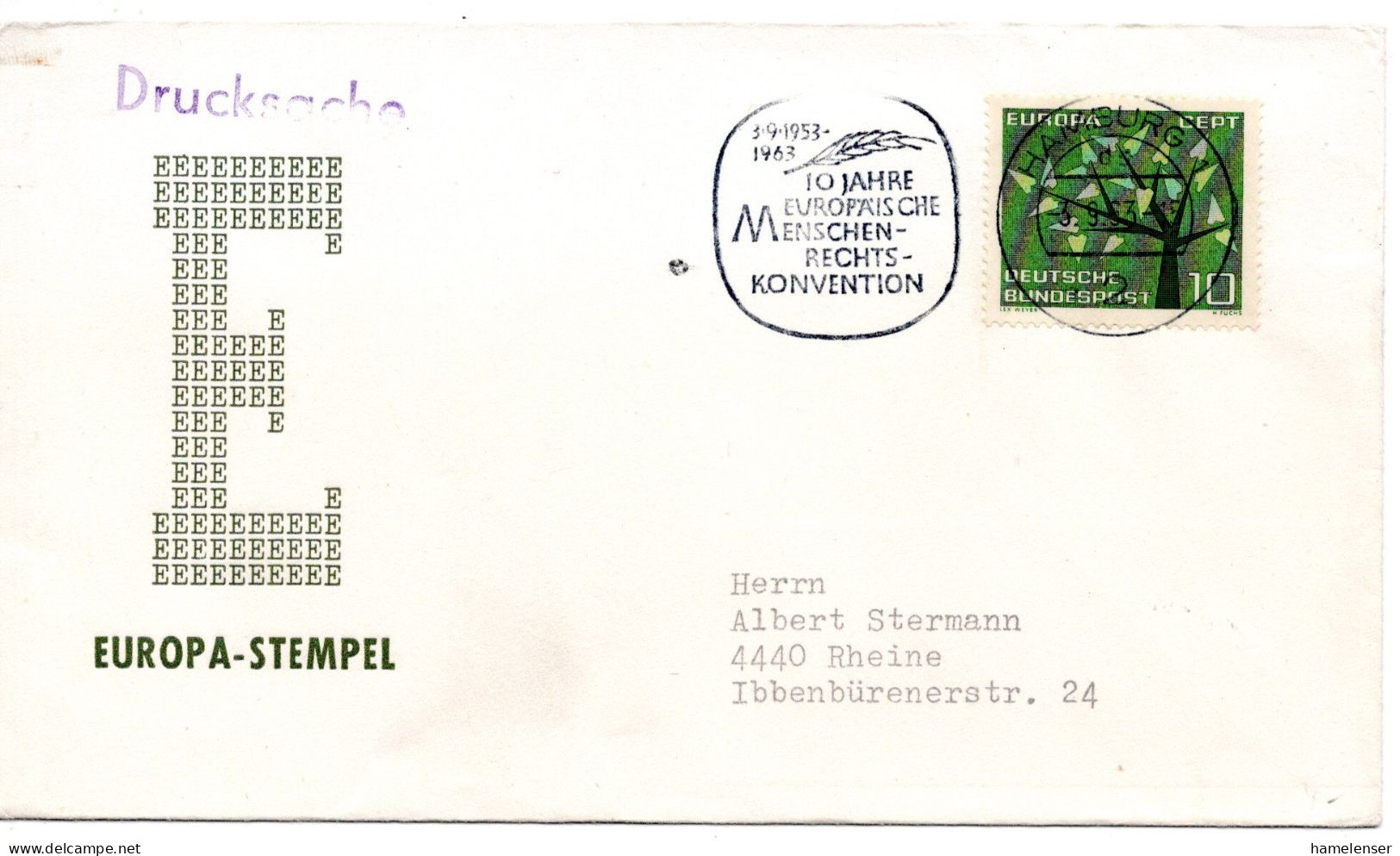 60699 - Bund - 1963 - 10Pfg CEPT '62 EF A DrucksBf HAMBURG - 10 JAHRE ... MENSCHENRECHTSKONVENTION -> Rheine - Comunità Europea