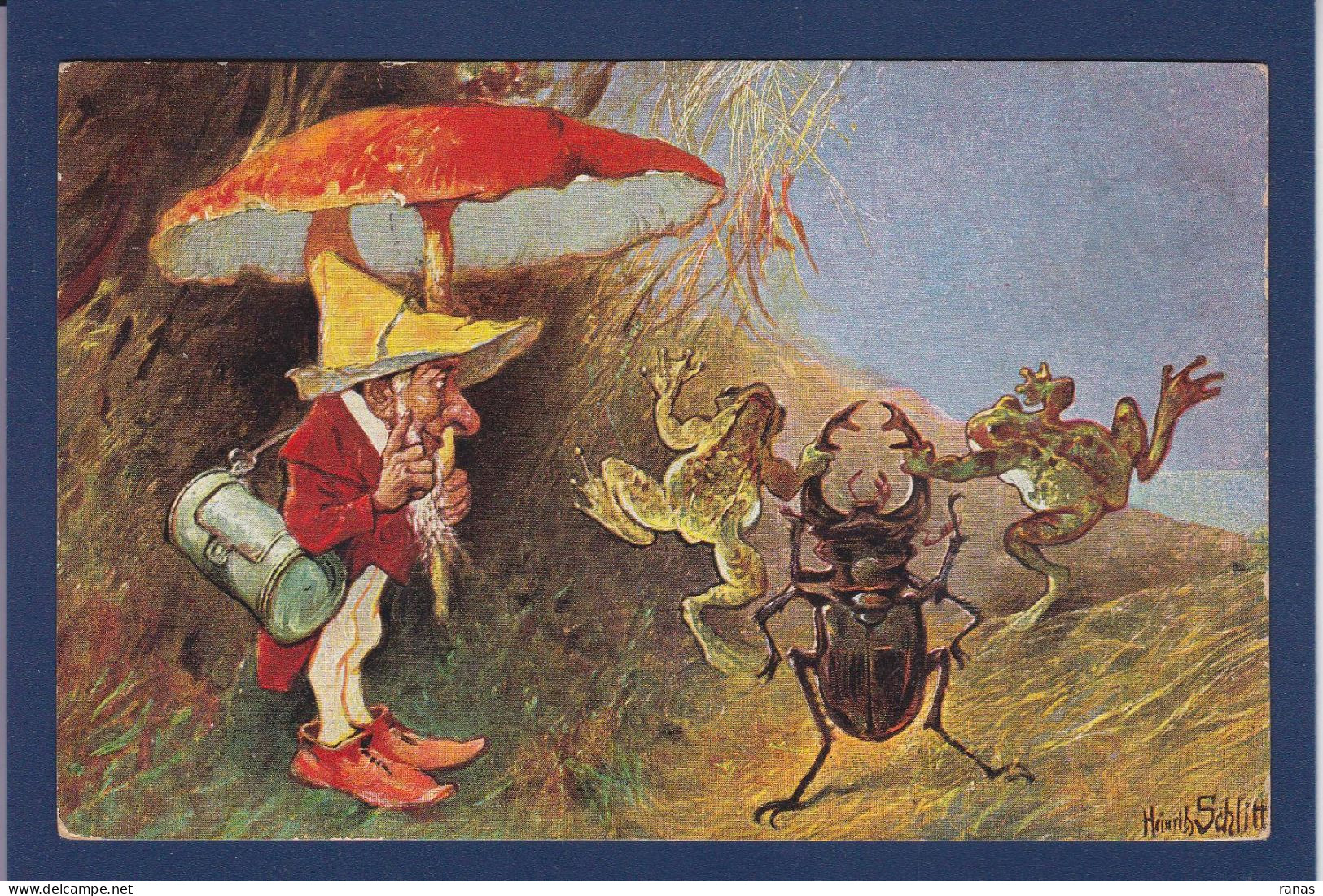 CPA Grenouille Frog Caricature Satirique Circulé Position Humaine Gnome Champignon Schlitt - Fish & Shellfish