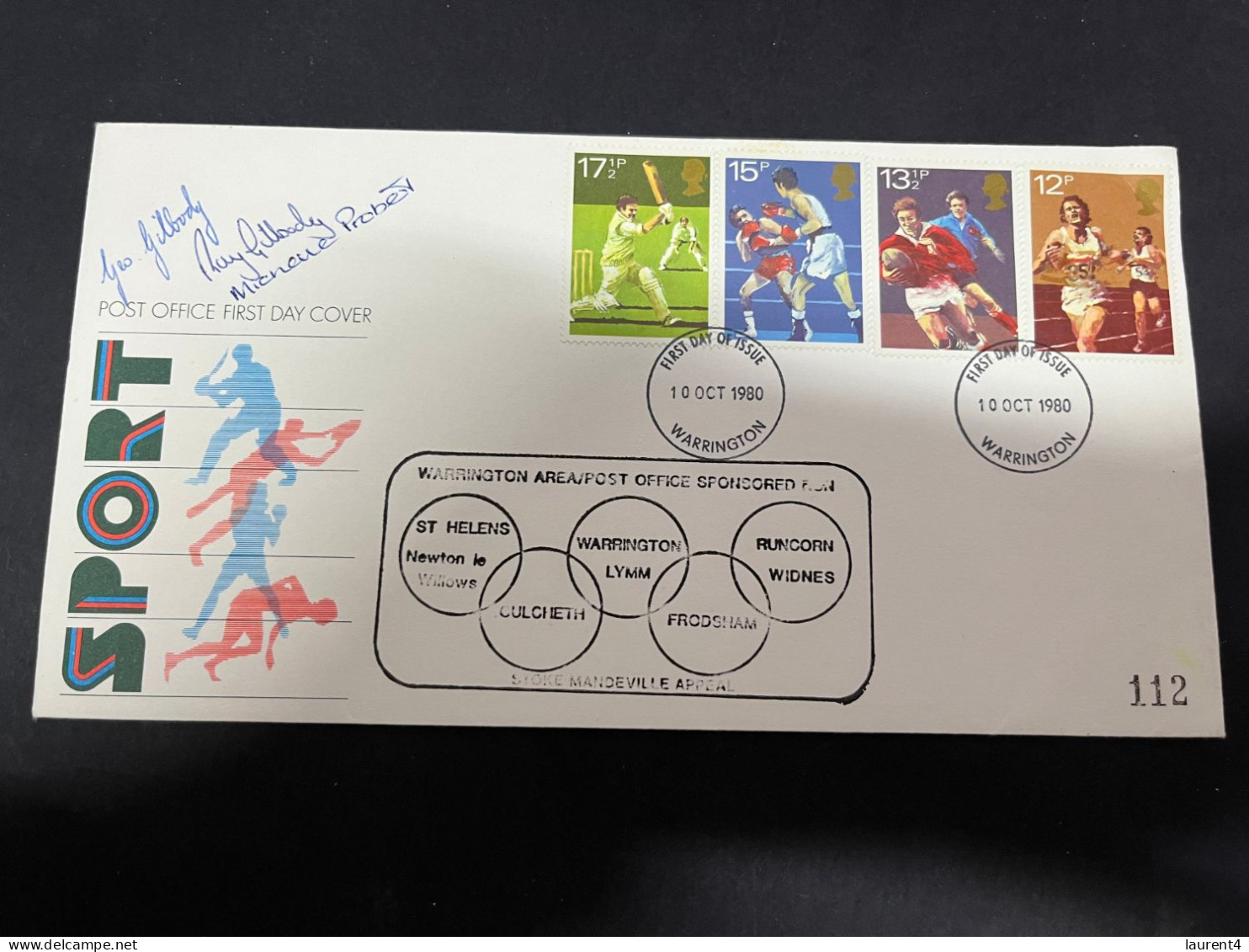 17-11-2023 (2 V 29) UK - Sport FDC (signed) 1980 (Rugby - Boxe - Cricket - Athletic (number 112) - 1971-1980 Decimal Issues