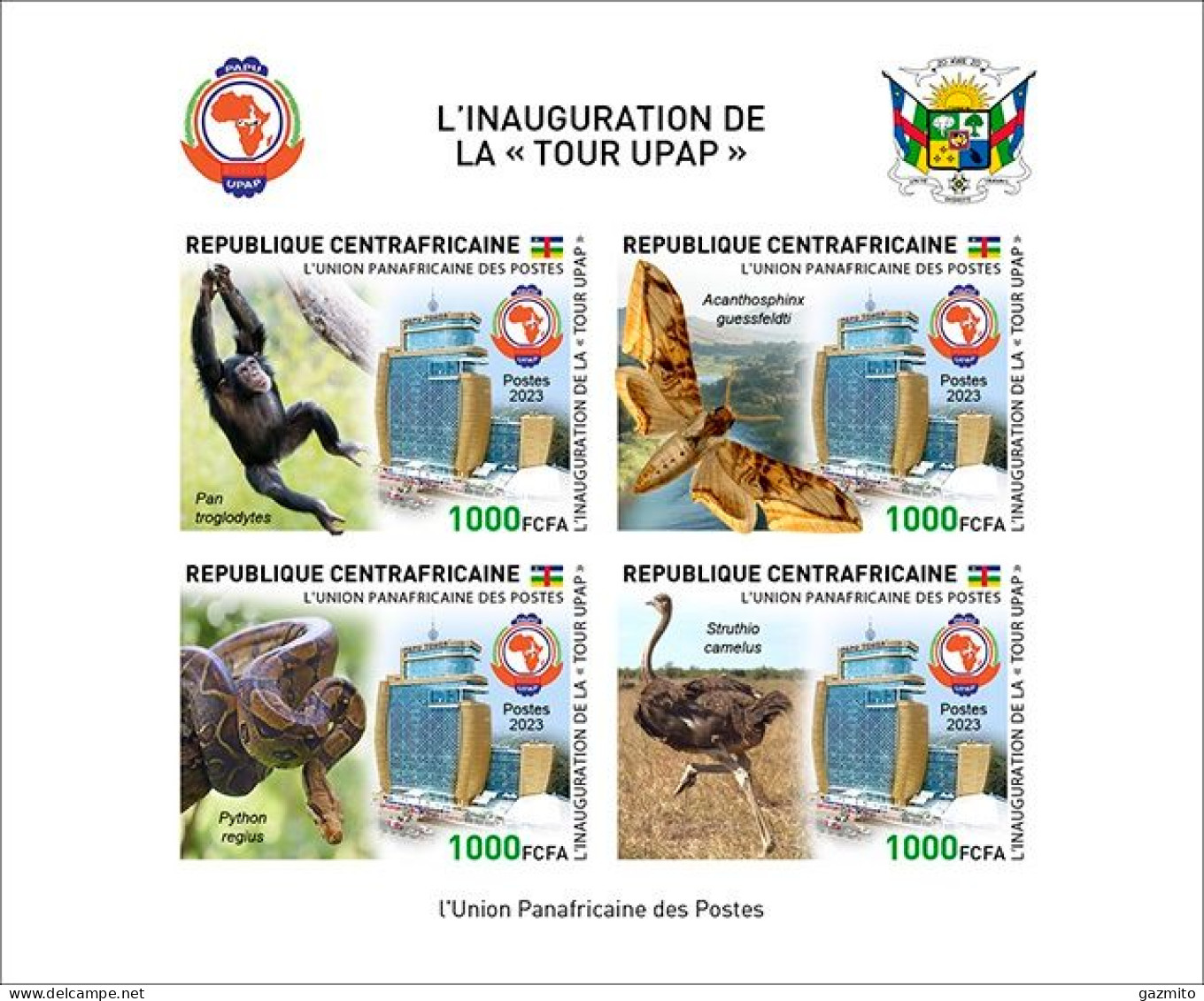 Centrafricana 2023, PAPU, Monkey, Moths, Snake, Ostric, Join Issue, 4val In Block IMPERFORATED - Straussen- Und Laufvögel