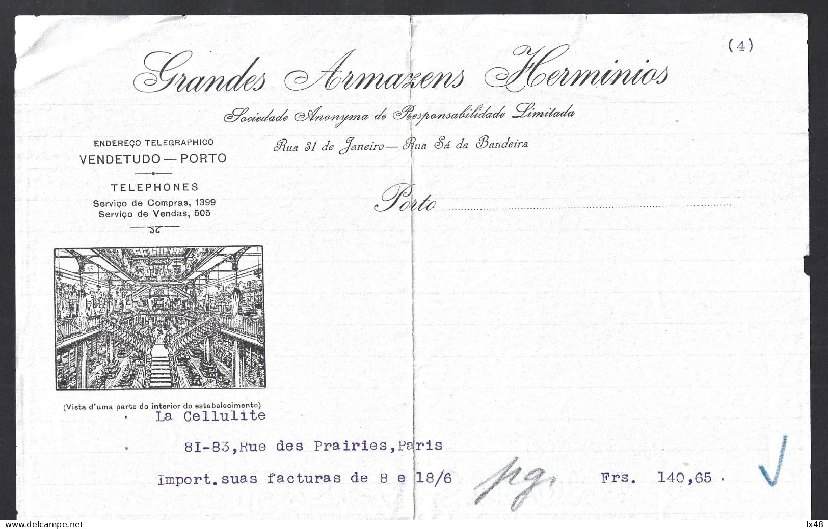 Carta Dos Grandes Armazéns Hermínios, Porto, 1915. Local Do Antigo Teatro Baquet. Site Of The Old Baquet Theatre. Raro. - Portugal