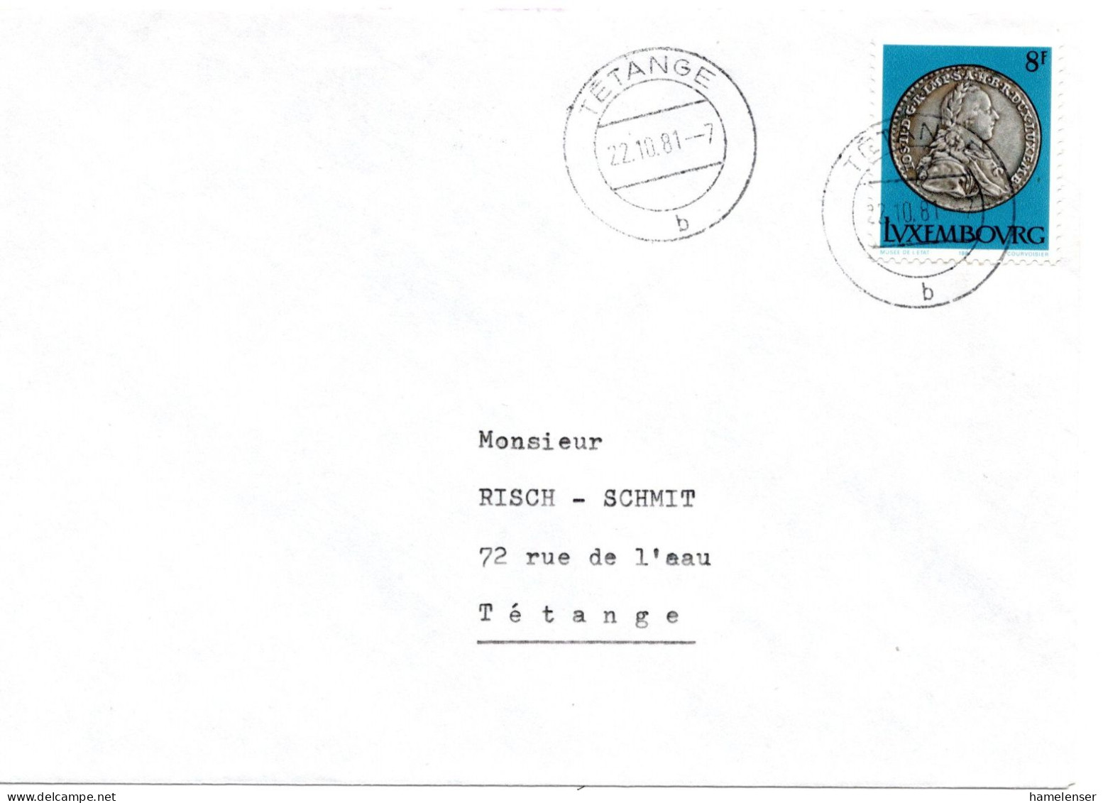 60711 - Luxemburg - 1981 - 8F Muenze EF A OrtsBf TETANGE - Monnaies