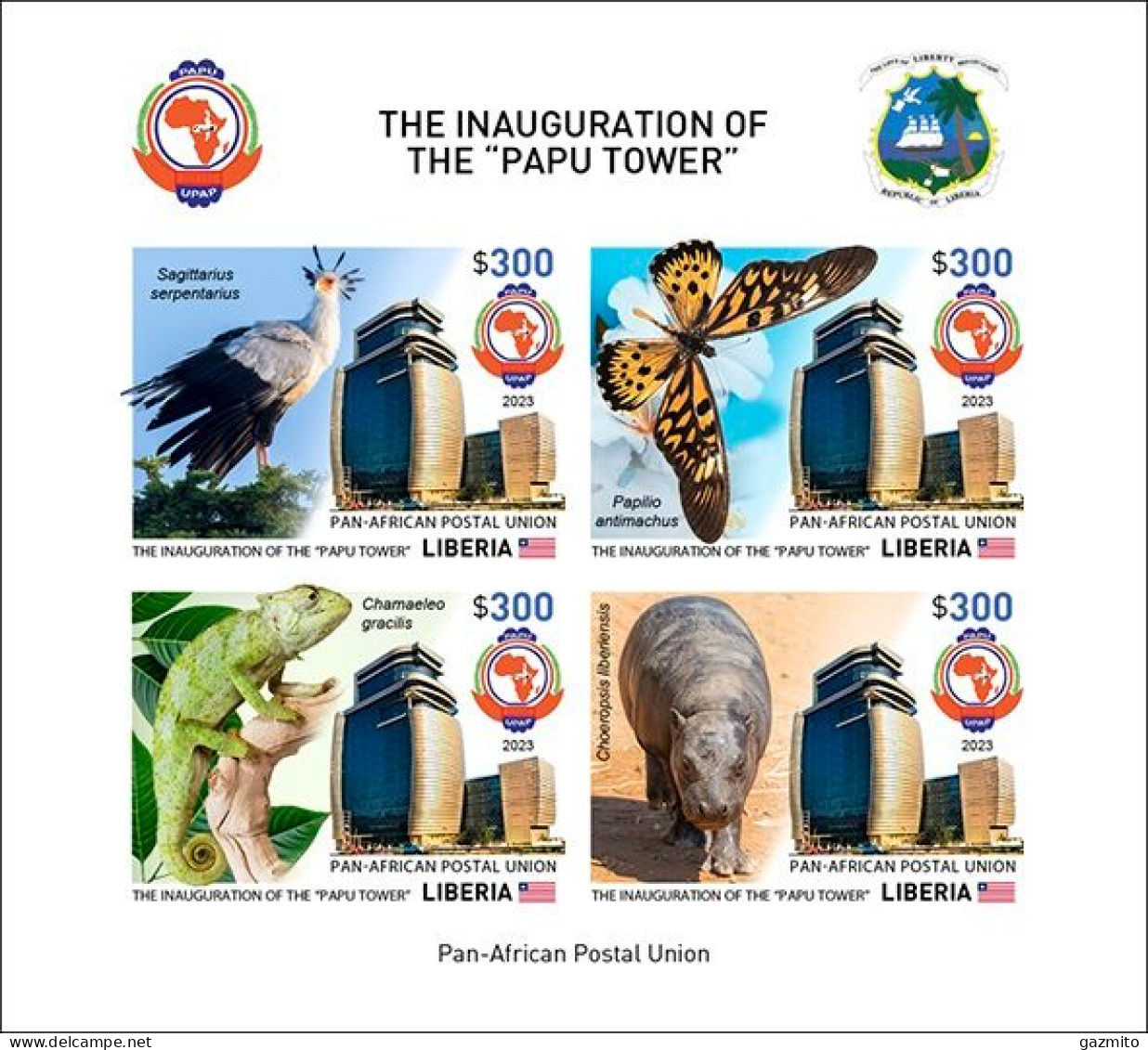 Liberia 2023, PAPU, Iguana, Butterfly, Tapir, Bird, Join Issue, 4val In Block IMPERFORATED - Poste