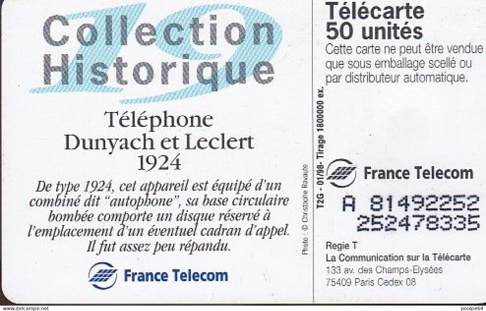 F821  01/1998 - DUNYACH & LECLERT 1924 - 50 SO3 T2G - (verso N° Impacts Deux Lignes Vers La Droite) - 1998