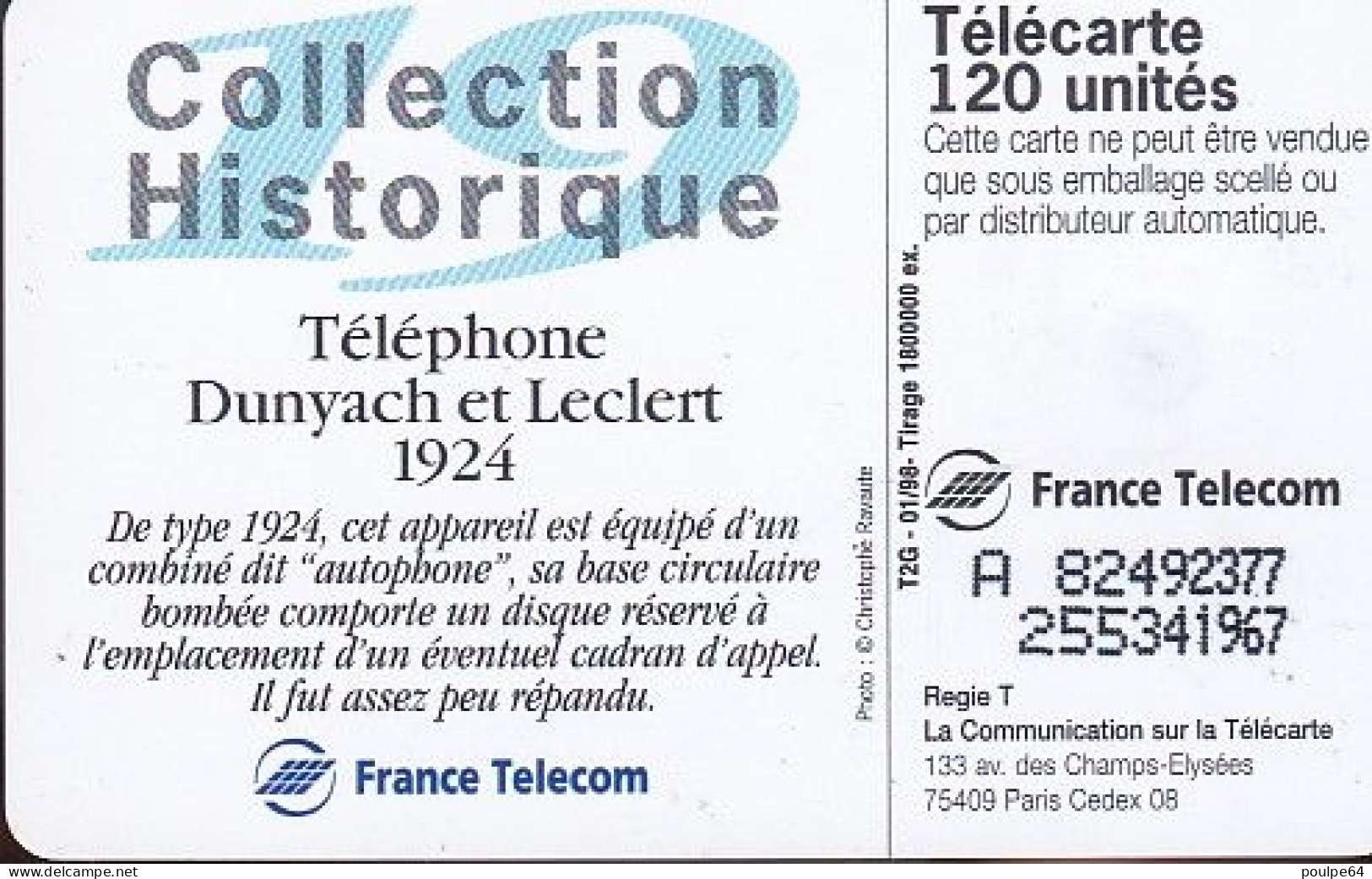 F822  01/1998 - DUNYACH & LECLERT 1924 - 120 SO3 - (verso N° Serrés Deux Lignes Vers La Droite) - 1998