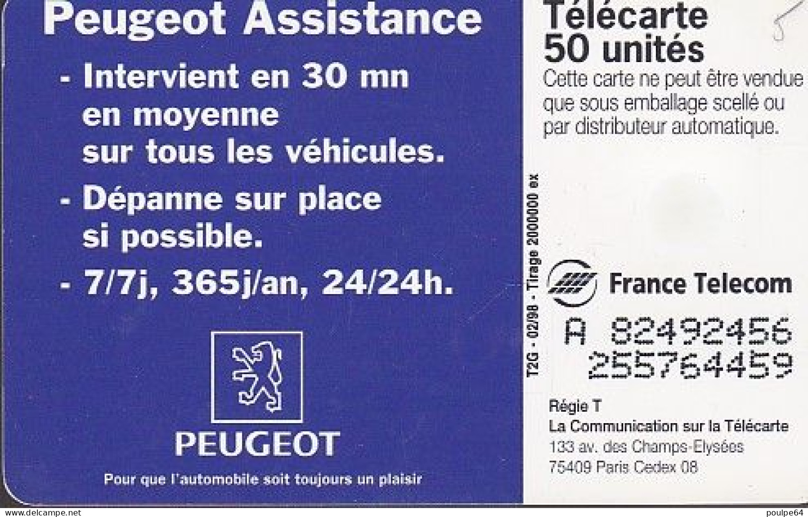 F825 02/1998 - PEUGEOT ASSISTANCE - 50 SO3 - (verso N° Impacts Deux Lignes - 2ème Ligne Vers La Droite) - 1998