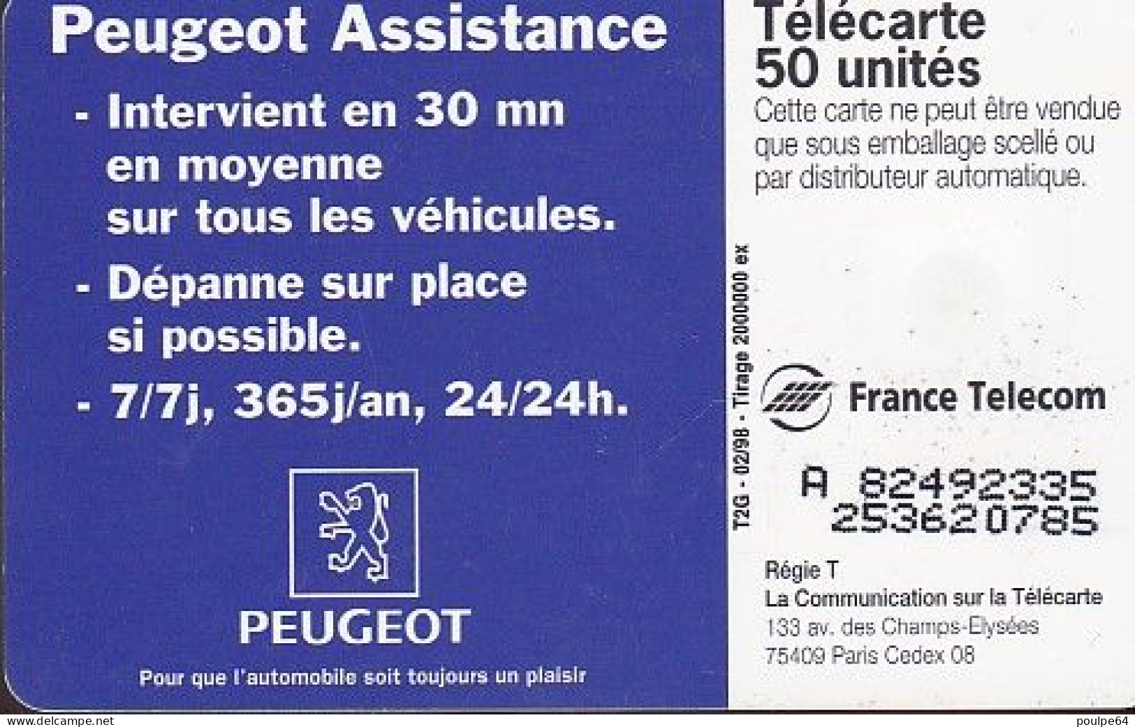 F825 02/1998 - PEUGEOT ASSISTANCE - 50 SO3 - (verso N° Petits Deux Lignes - 2ème Ligne Vers La Droite) - 1998