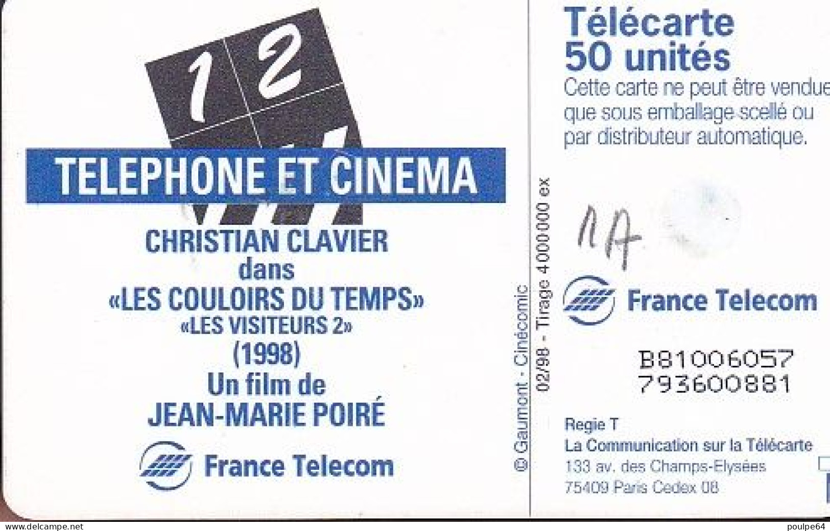 F827A  02/1998 - CHRISTIAN CLAVIER " Cinéma " - 50 GEM1A - 1998