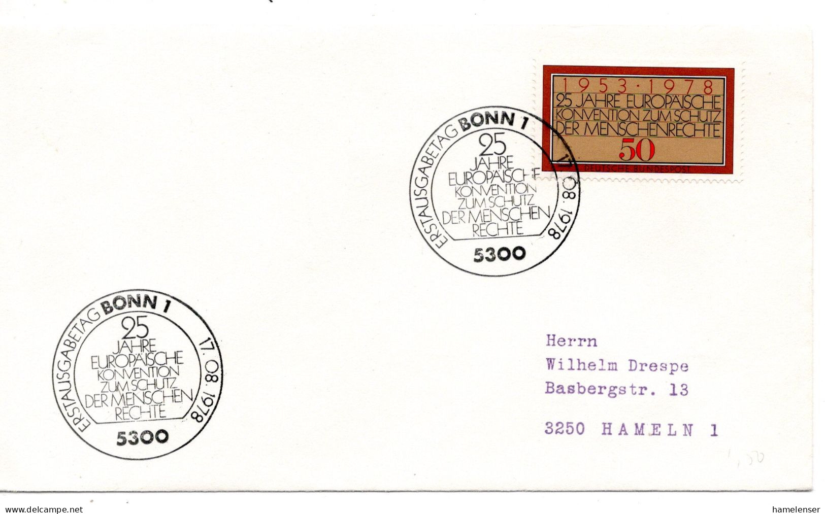 60718 - Bund - 1978 - 50Pfg Menschenrechtskonvention EF A FDC BONN -> Hameln - Europese Instellingen