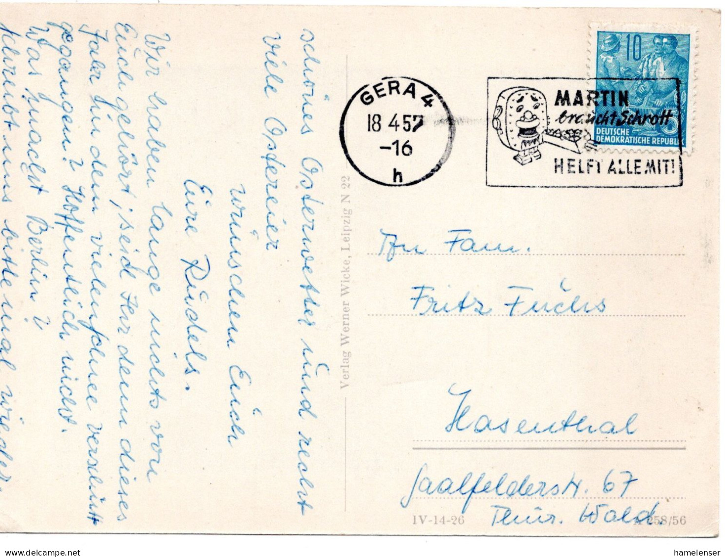 60719 - DDR - 1957 - 10Pfg Fuenfjahrplan EF A AnsKte GERA - MARTIN BRAUCHT SCHROTT ... -> Hasenthal - Protezione Dell'Ambiente & Clima