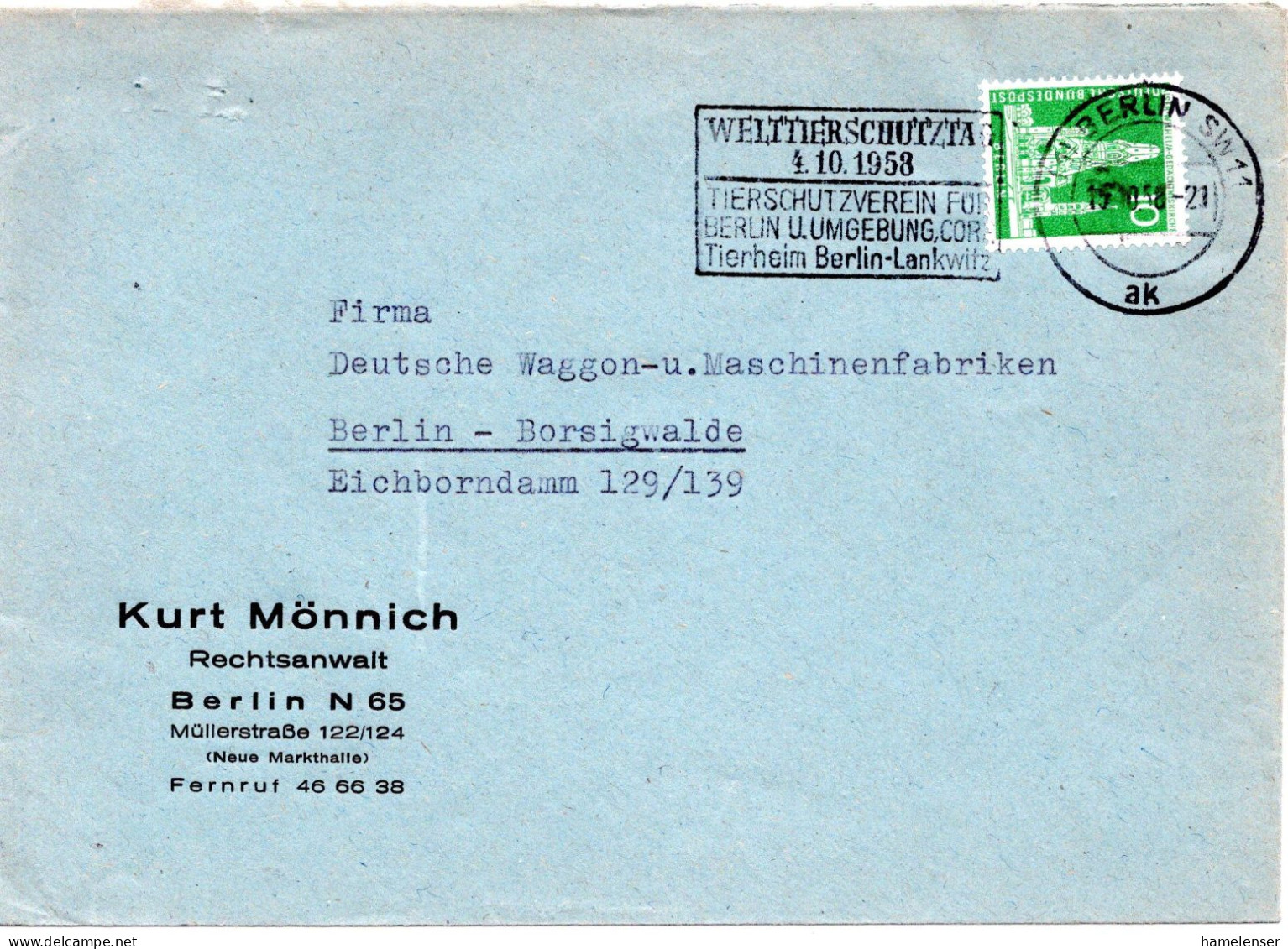 60721 - Berlin - 1958 - 10Pfg Bauten II EF A OrtsBf BERLIN - WELTTIERSCHUTZTAG 4.10.1958 ... - Protection De L'environnement & Climat