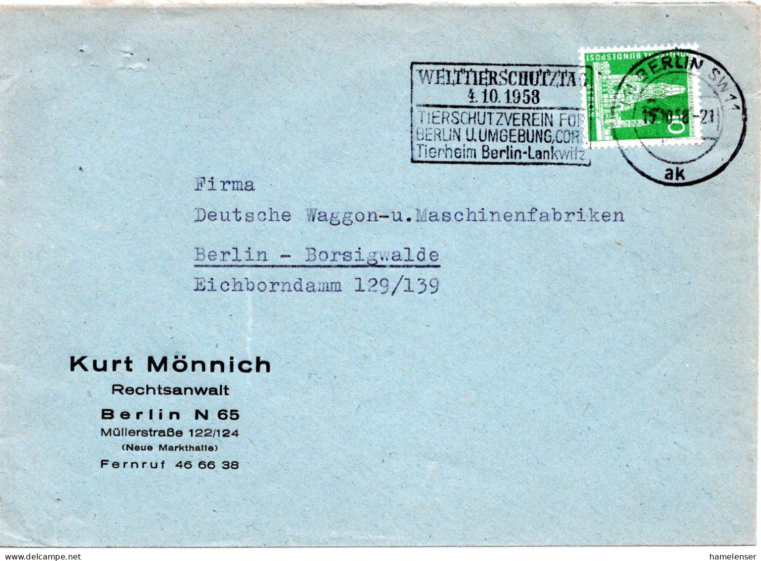 60721 - Berlin - 1958 - 10Pfg Bauten II EF A OrtsBf BERLIN - WELTTIERSCHUTZTAG 4.10.1958 ... - Protección Del Medio Ambiente Y Del Clima