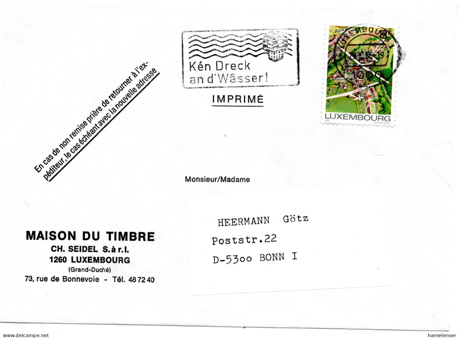 60723 - Luxemburg - 1986 - 8F Segelflug EF A DrucksBf LUXEMBOURG - KEN DRECK AN D'WASSER! -> Westdeutschland - Umweltschutz Und Klima