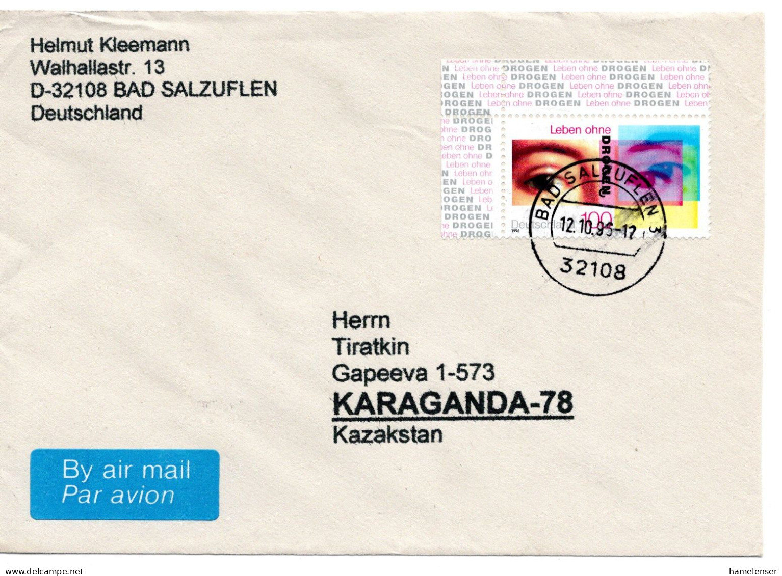 60729 - Bund - 1995 - 100Pfg Rauschgift EF A Bf BAD SALZUFLEN -> KARAGANDA (Kasachstan) - Drugs