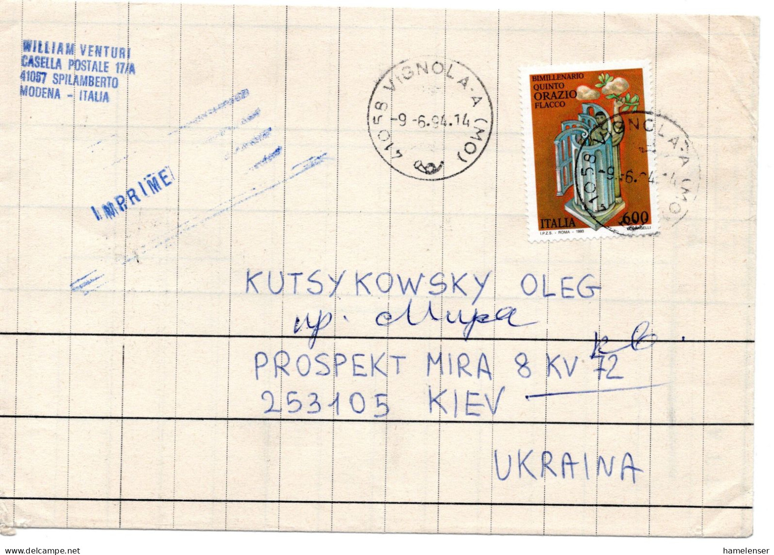 60736 - Italien - 1994 - 600L Horaz EF A DrucksBf VIGNOLA -> KIEW (Ukraine) - 1991-00: Poststempel