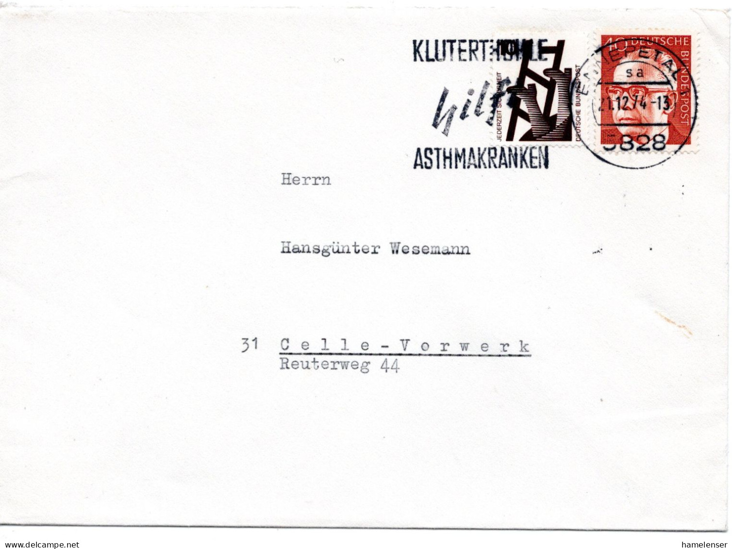 60743 - Bund - 1974 - 40Pfg Heinemann MiF A Bf ENNEPETAL - KLUTERTHOEHLE HILFT ASTHMAKRANKEN -> Celle - Ziekte